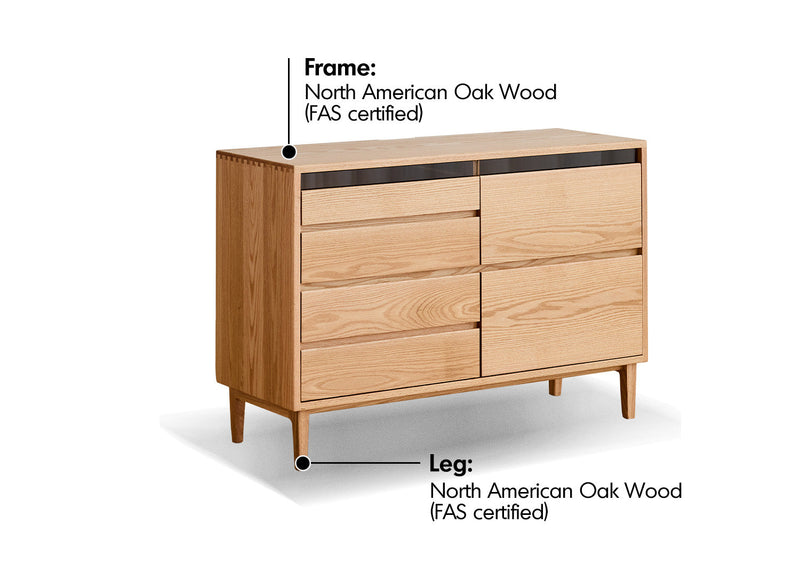 Scandinavian Oak Wood Chest Of 6 Drawers FLOATING LIGHT Material Details Chart