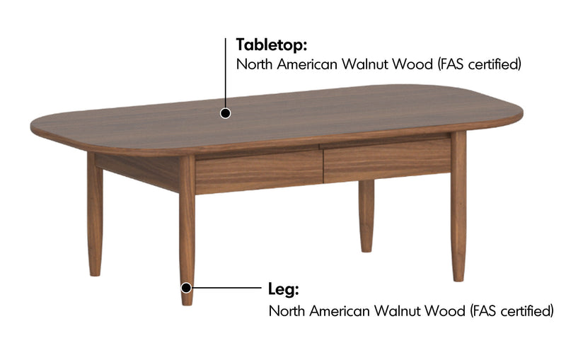 Vintage Walnut Wood Coffee Table VISTA Material Details Chart