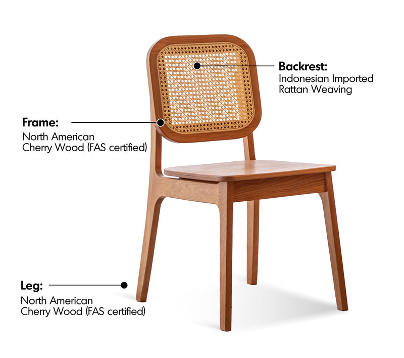 Scandinavian Cherry Wood Rattan Dining Chair NOOK Material Details Chart