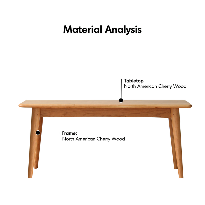 Scandinavian cherry wood dining bench green in still life.