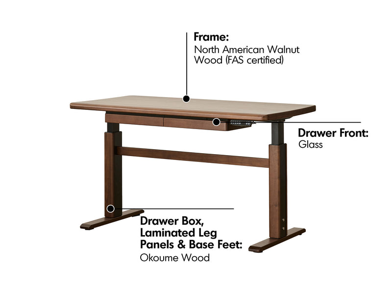 Japandi Walnut Wood Electric Height Adjustable Study Table CLOUD LIFTING Material Details Chart