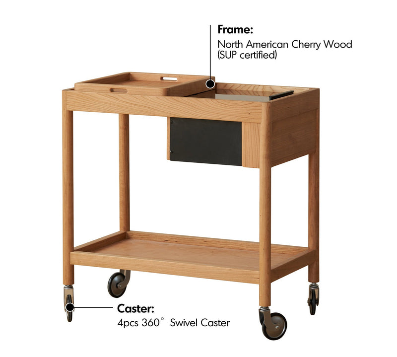 Scandinavian Cherry Wood Wheeled Trolley Side Table POCKET Material Details Chart