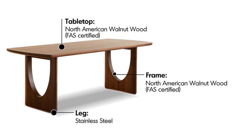 Japandi Walnut Wood Dining Table ROCKWEL Material Details Chart