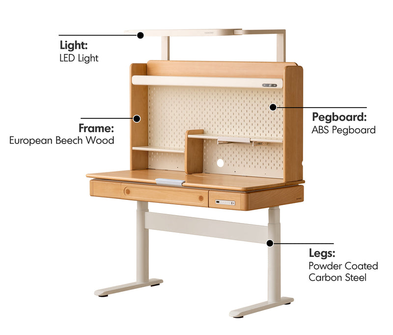 Scandinavian Beech Wood Electric Height Adjustable Kids Study Table With Intergrated LED Light ORBITA Material Details Chart