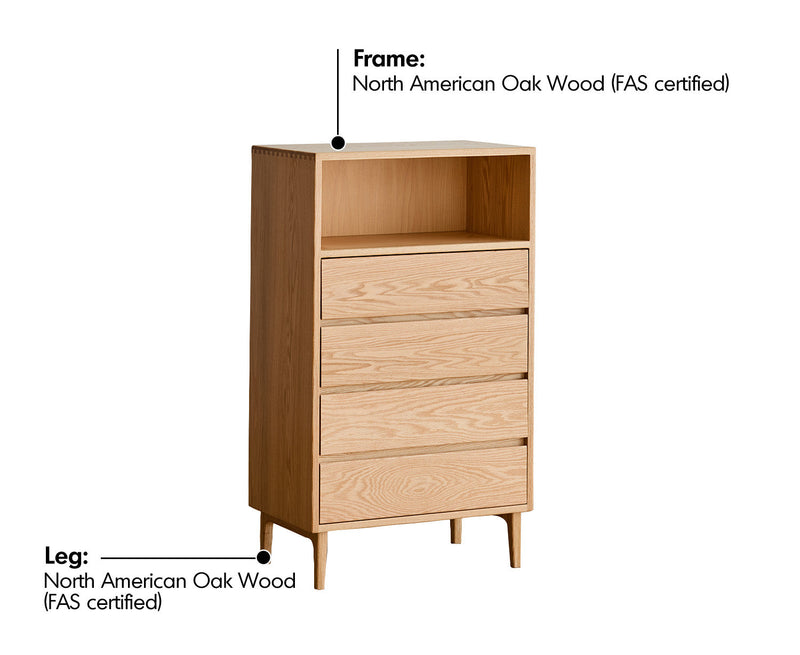 Scandinavian Oak Wood Chest Of 5 Drawers FLOATING LIGHT Material Details Chart