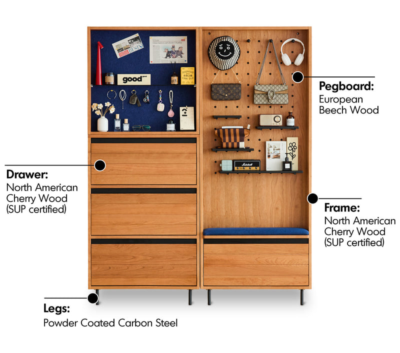 Scandinavian Cherry Wood Shoe Cabinet CORNER Material Details Chart