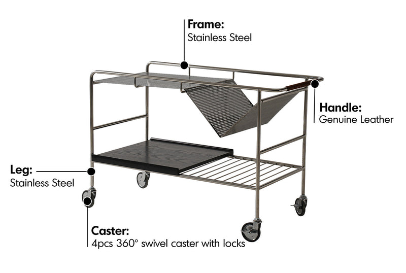 Bauhaus Steel Wheeled Trolley Side Table MANDA Material Details Chart