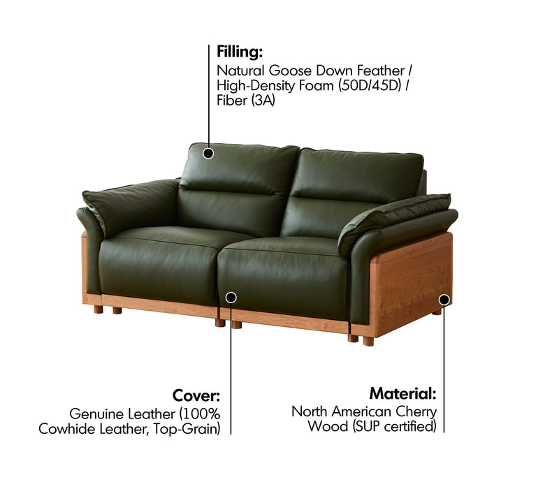 Scandinavian Cherry Wood Genuine Leather Electric Recliner 3 Seater Sofa EDGELESS Material Details Chart
