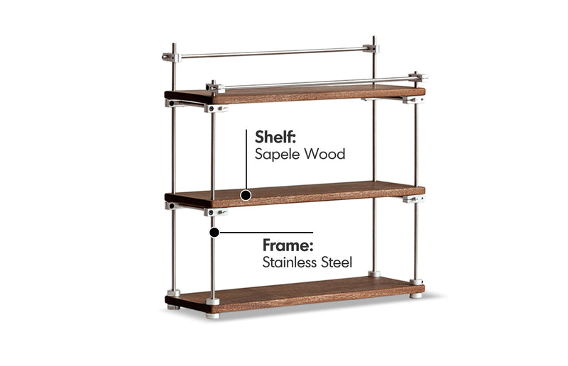 Bauhaus Sapele Wood Stainless Steel Shelf PACKER Material Details Chart