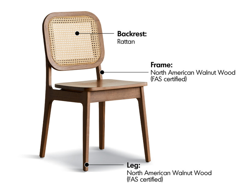 Japandi Walnut Wood Rattan Dining Chair NOOK Material Details Chart