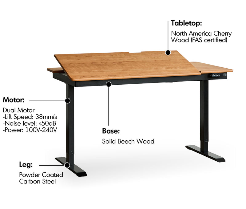 Scandinavian Cherry Wood Electric Height Adjustable Study Table KAZAMA Material Details Chart