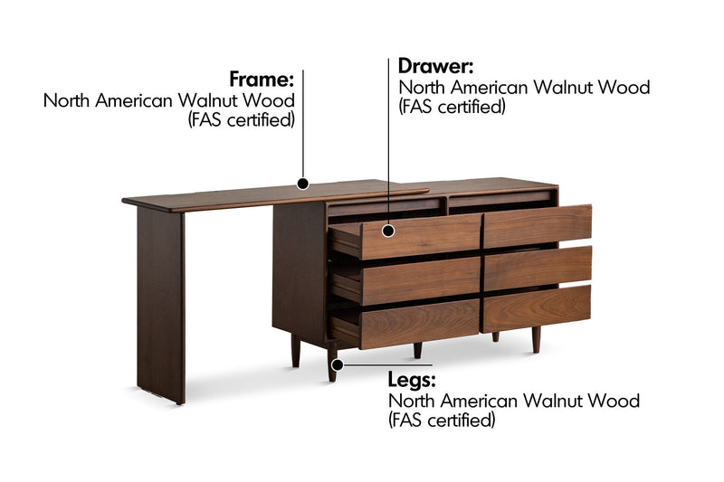 Vintage Walnut Wood Dressing Table VISTA Material Details Chart