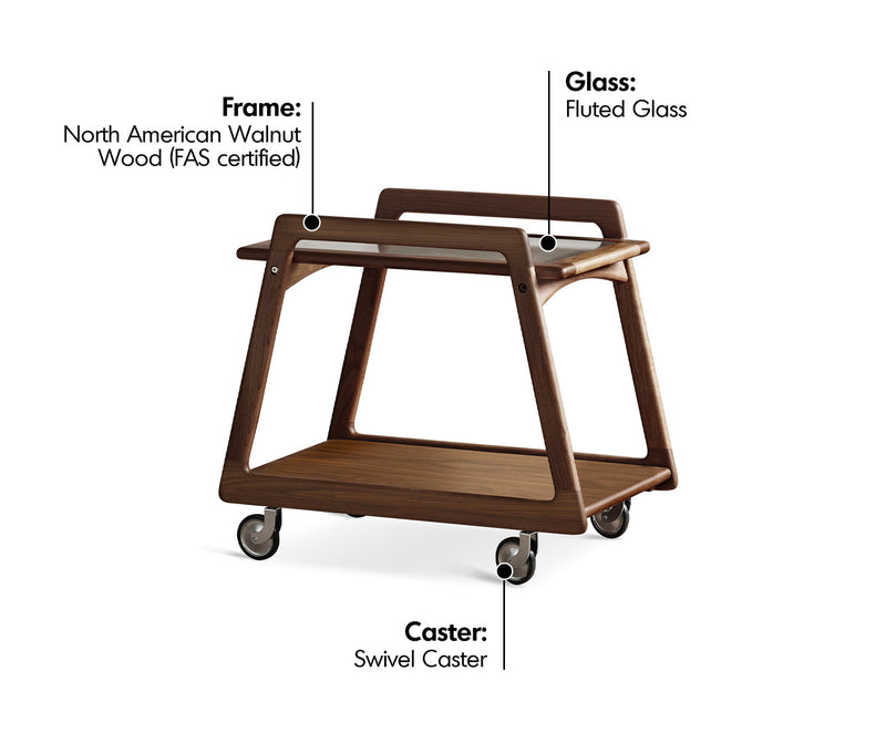 Japandi Walnut Wood Wheeled Trolley Side Table YOYO Material Details Chart
