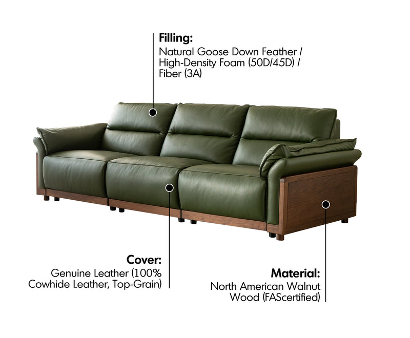 Japandi Walnut Wood Genuine Leather Electric Recliner 4 Seater Sofa EDGELESS Material Details Chart