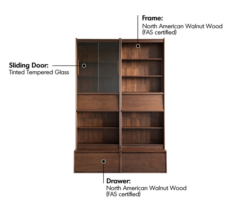 Japandi Walnut Wood Bookshelf VISTA Material Details Chart
