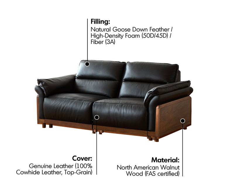 Japandi Walnut Wood Genuine Leather Electric Recliner 3 Seater Sofa EDGELESS Material Details Chart