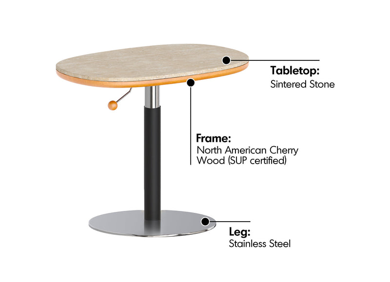 Scandinavian Sintered Stone Cherry Wood Height Adjustable Side Table ROMAN Material Details Chart