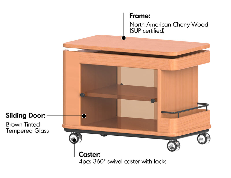 Scandinavian Cherry Wood Wheeled Trolley Side Table DRIFT Material Details Chart