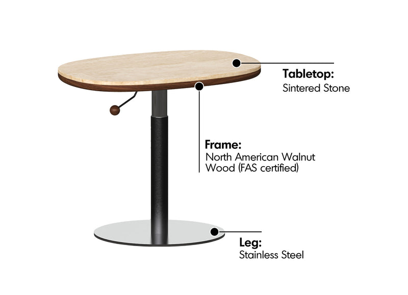 Japandi Sintered Stone Walnut Wood Height Adjustable Side Table ROMAN Material Details Chart