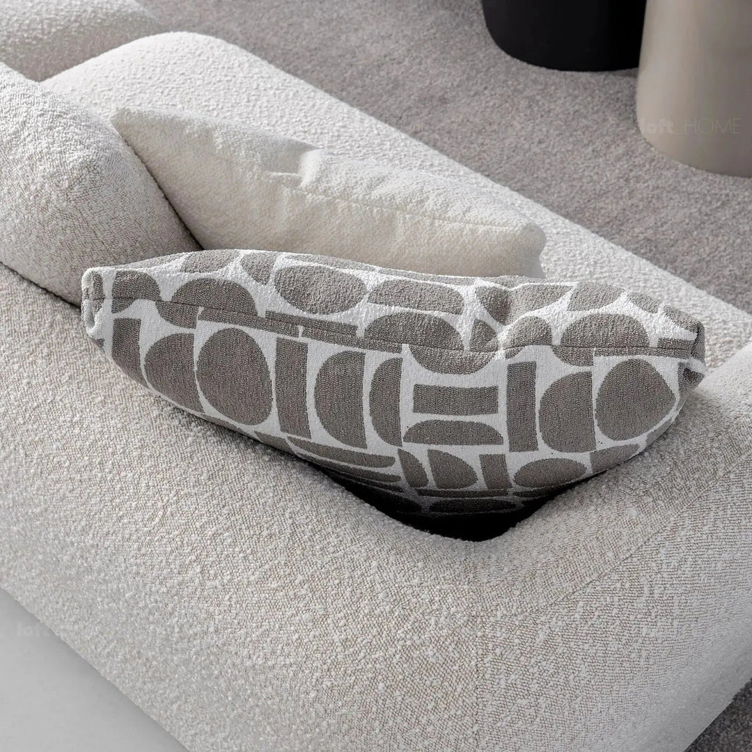 Modern boucle fabric 4 seater sofa couch in details.