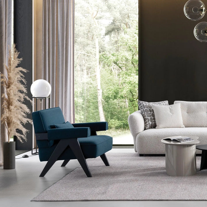 Japandi mixed weave fabric 1 seater sofa azur primary product view.