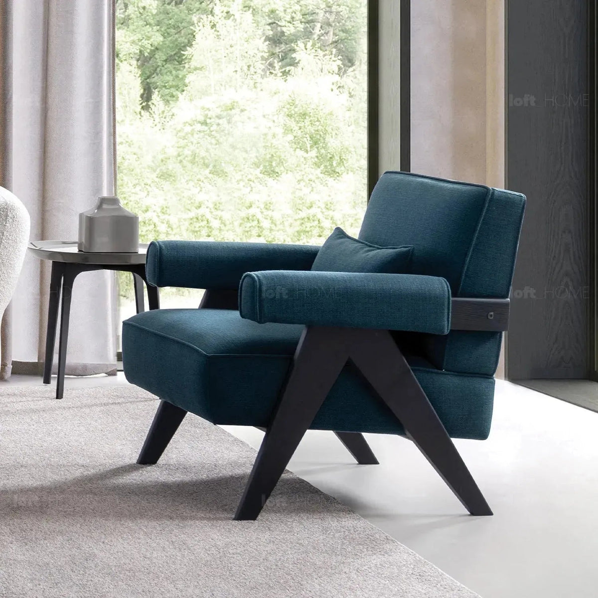 Japandi mixed weave fabric 1 seater sofa azur in details.