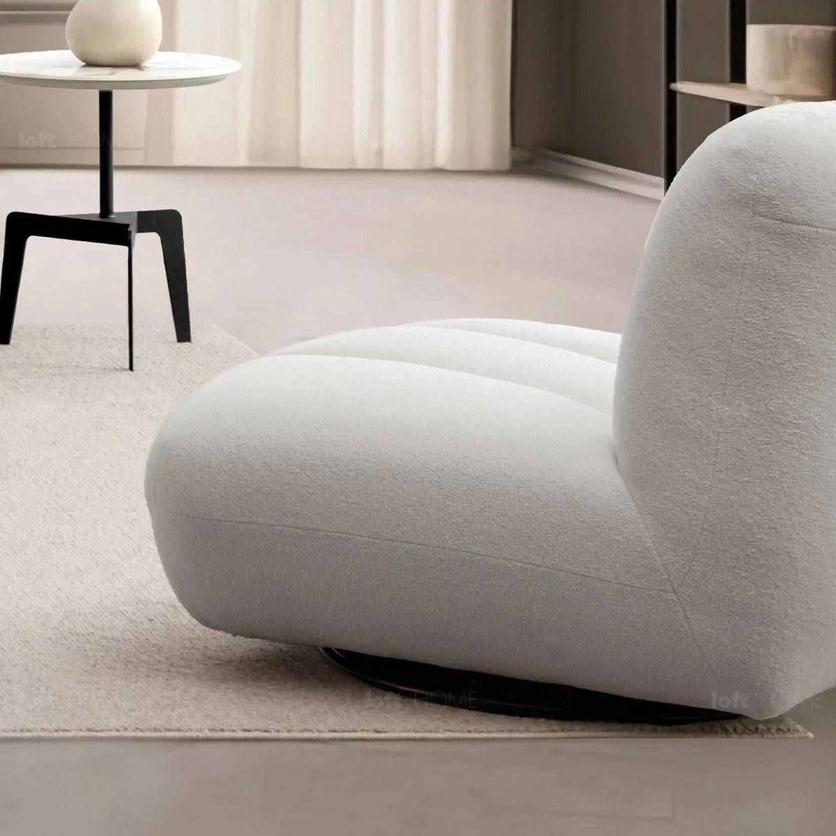 Cream sherpa fabric revolving 1 seater sofa limestone in panoramic view.