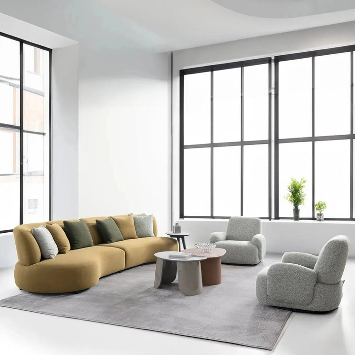 Cream mixed weave fabric revolving 1 seater sofa parapet with context.