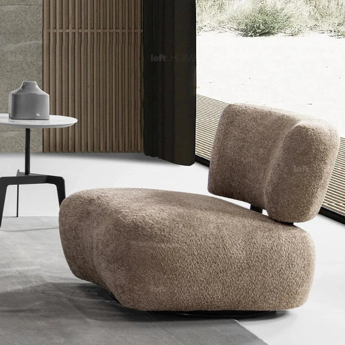 Cream sherpa fabric revolving 1 seater sofa rite in close up details.