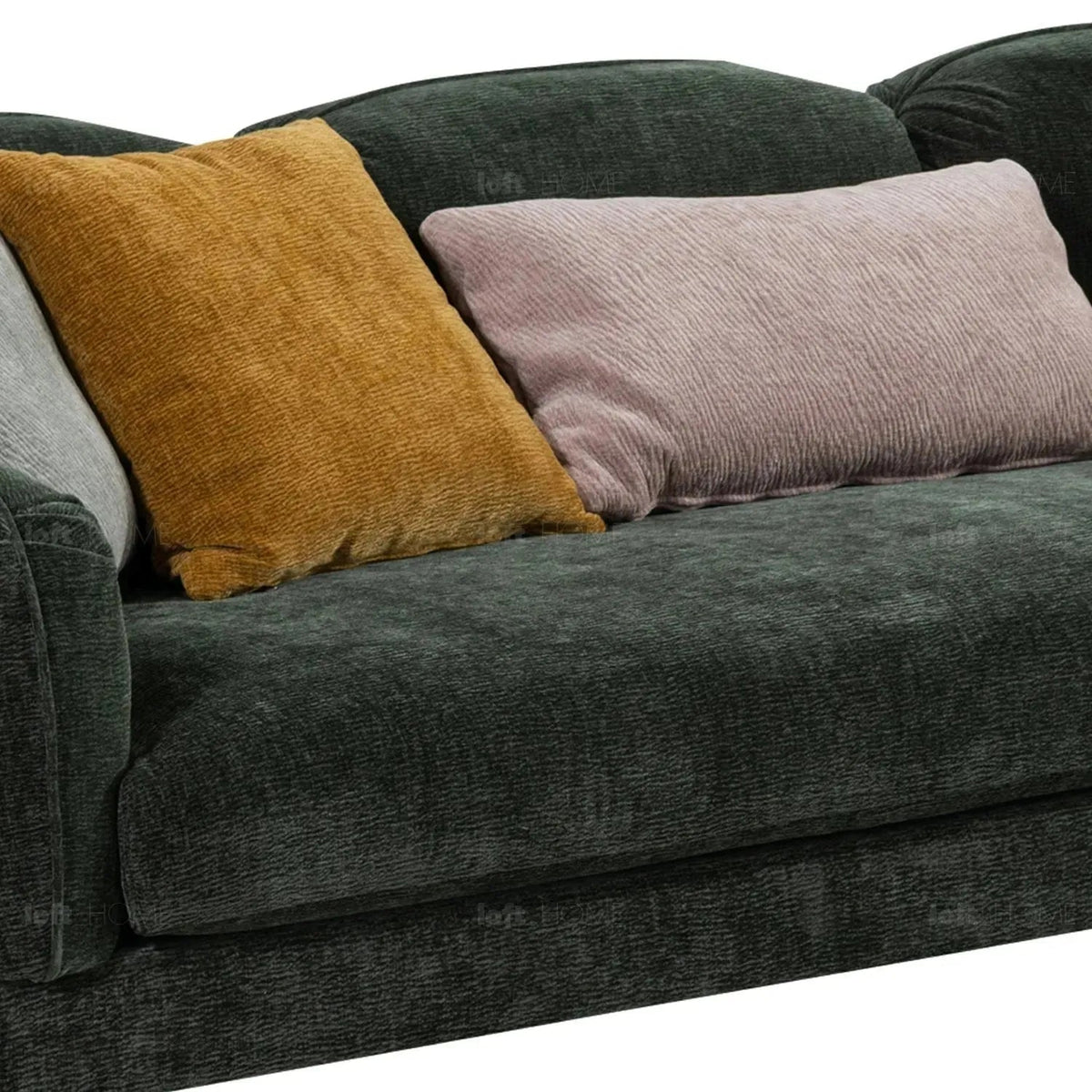 Modern chenille velvet fabric 3.5 seater sofa nimbus in close up details.
