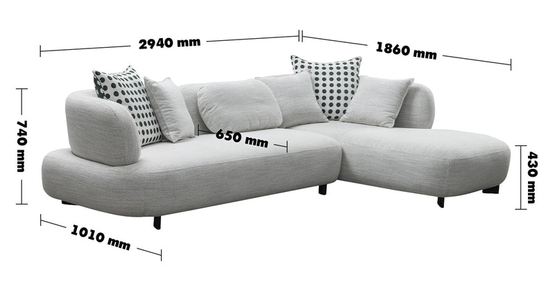 Cream Mixed Weave Fabric L Shape Sectional Sofa CALYX 4+L Size Chart