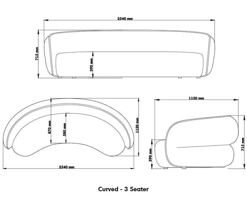 Minimalist Fabric Curved 4 Seater Sofa POD Size Chart