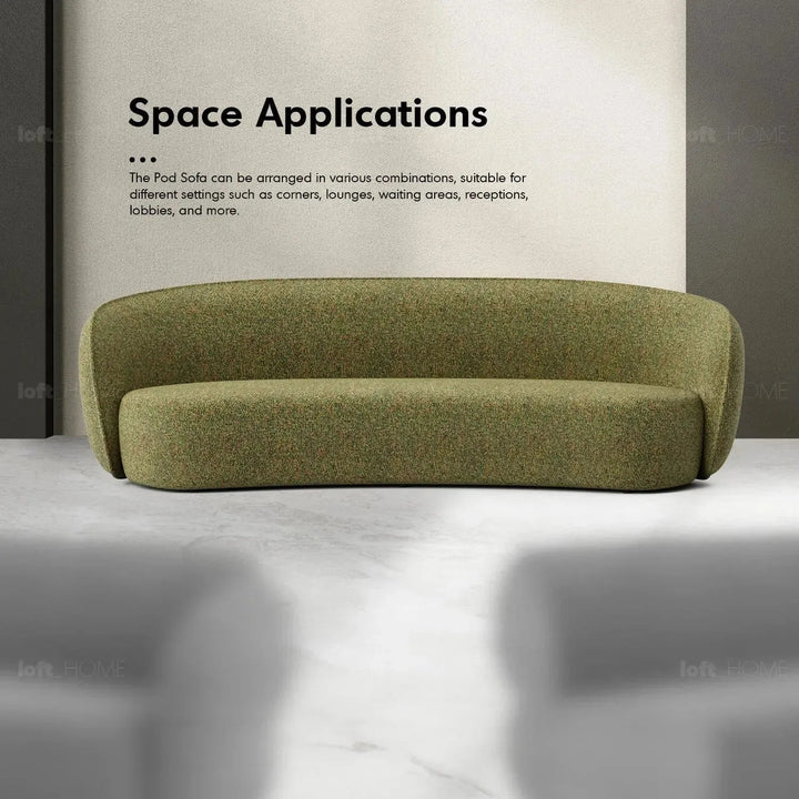Minimalist fabric curved 4 seater sofa pod situational feels.