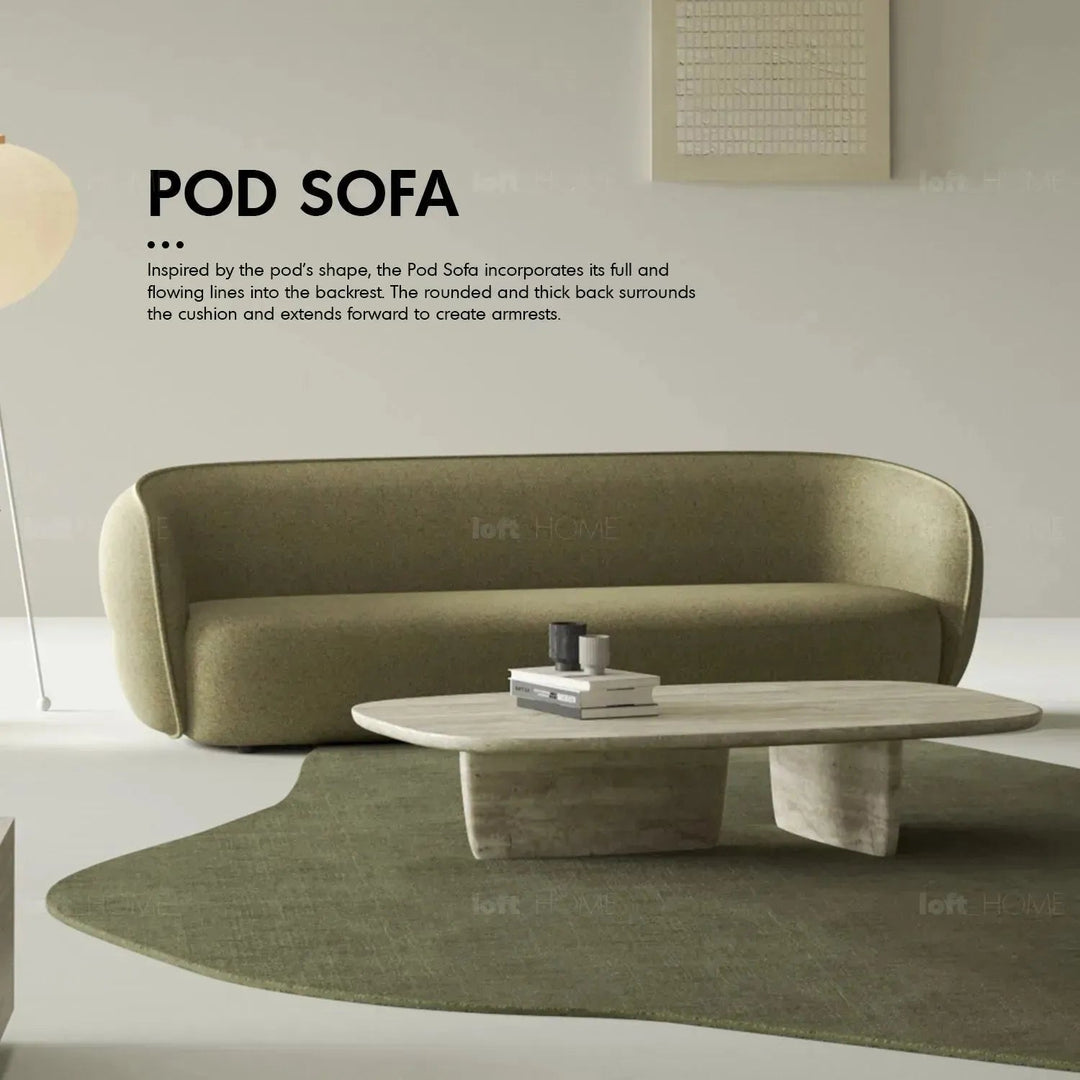 Minimalist fabric curved 4 seater sofa pod in details.