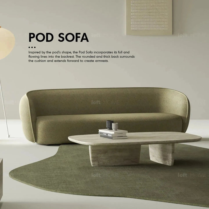 Minimalist fabric curved 4 seater sofa pod in details.