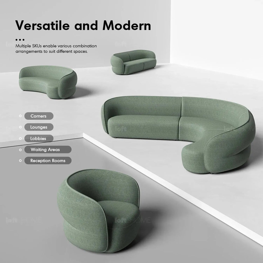 Minimalist fabric curved 4 seater sofa pod in close up details.