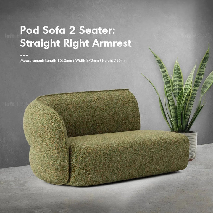 Minimalist fabric modular straight armrest 2 seater sofa pod in panoramic view.