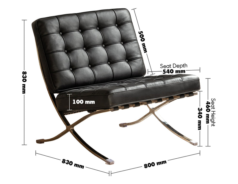 Bauhaus Genuine Leather 1 Seater Sofa BARCELONA Size Chart