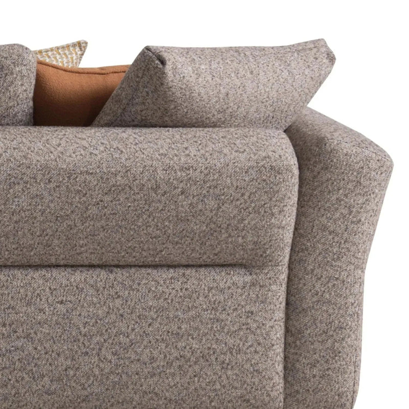 Minimalist mixed weave fabric 4 seater sofa glider in panoramic view.