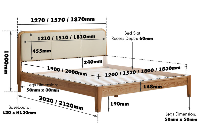 Scandinavian Oak Wood Genuine Leather Bed CALM Size Chart