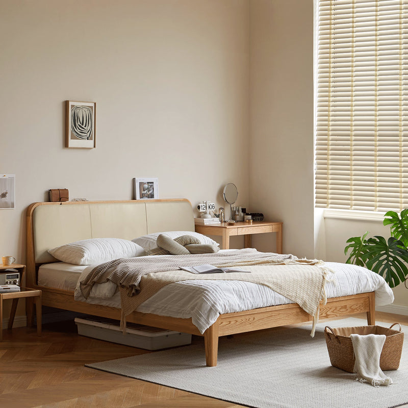 Scandinavian Oak Wood Genuine Leather Bed CALM More Details and Instruction