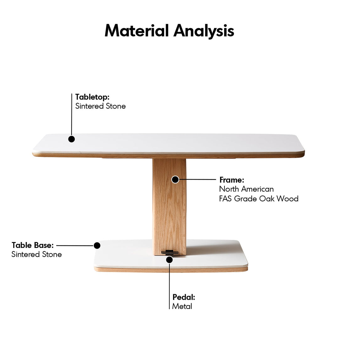 Minimalist oak wood sintered stone height adjustable coffee table lino detail 3.