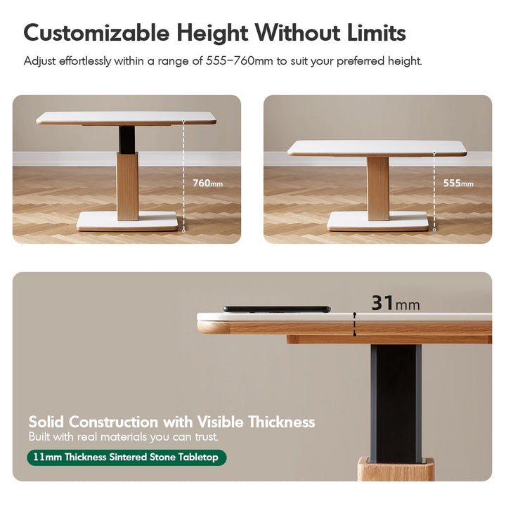 Minimalist Oak Wood Sintered Stone Height Adjustable Coffee Table LINO