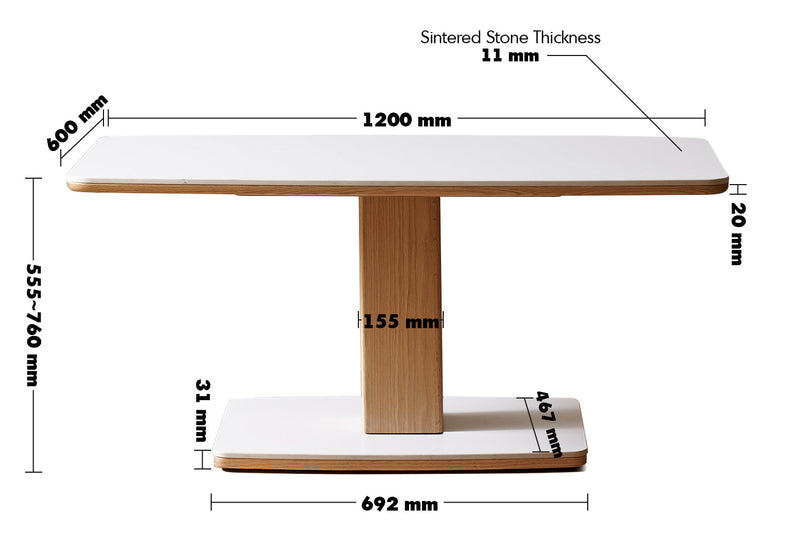 Scandinavian Oak Wood Sintered Stone Height Adjustable Coffee Table LINO Size Chart