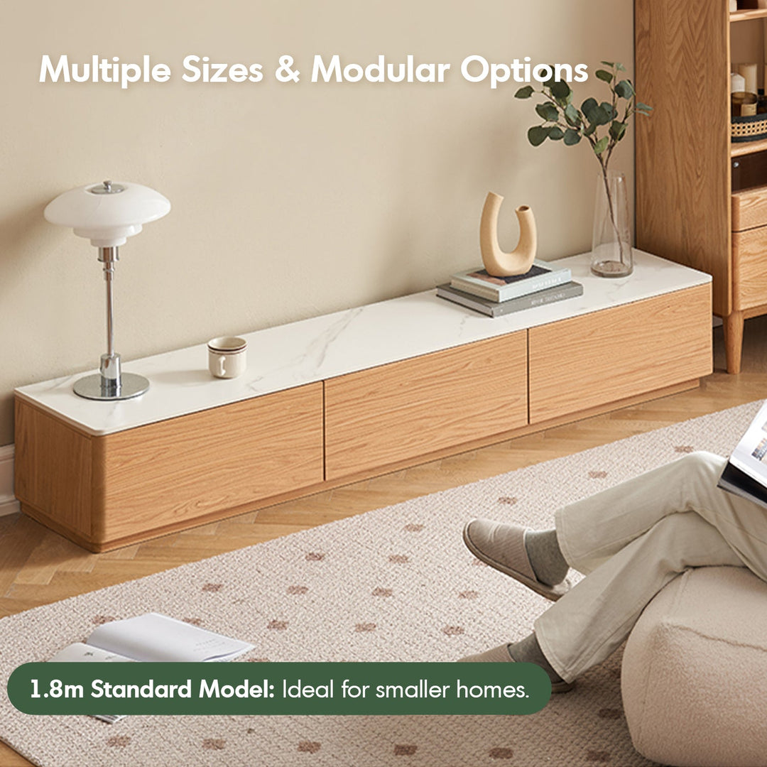 Minimalist oak wood sintered stone tv console lino with context.