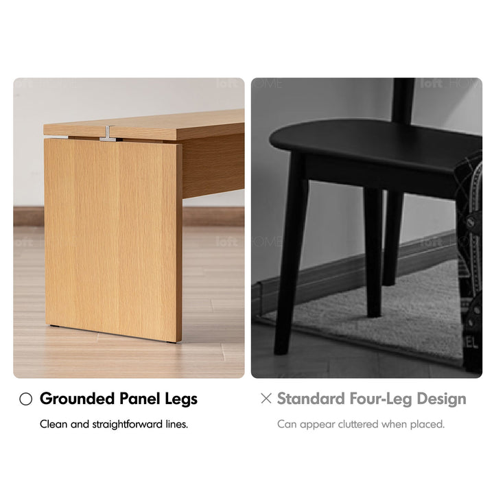 Minimalist oak wood veneer plywood dining bench horizon in still life.