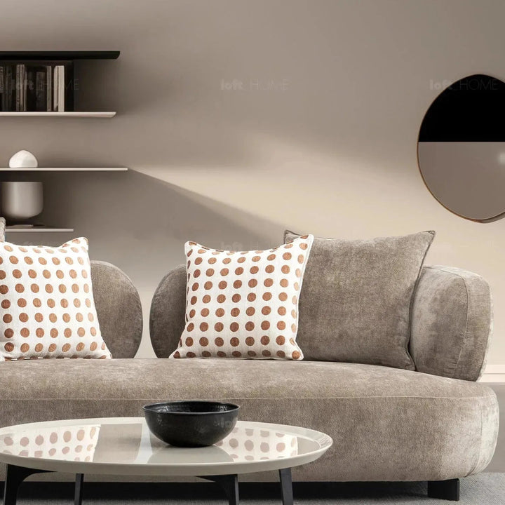 Cream sherpa fabric 2 seater sofa calyx in panoramic view.