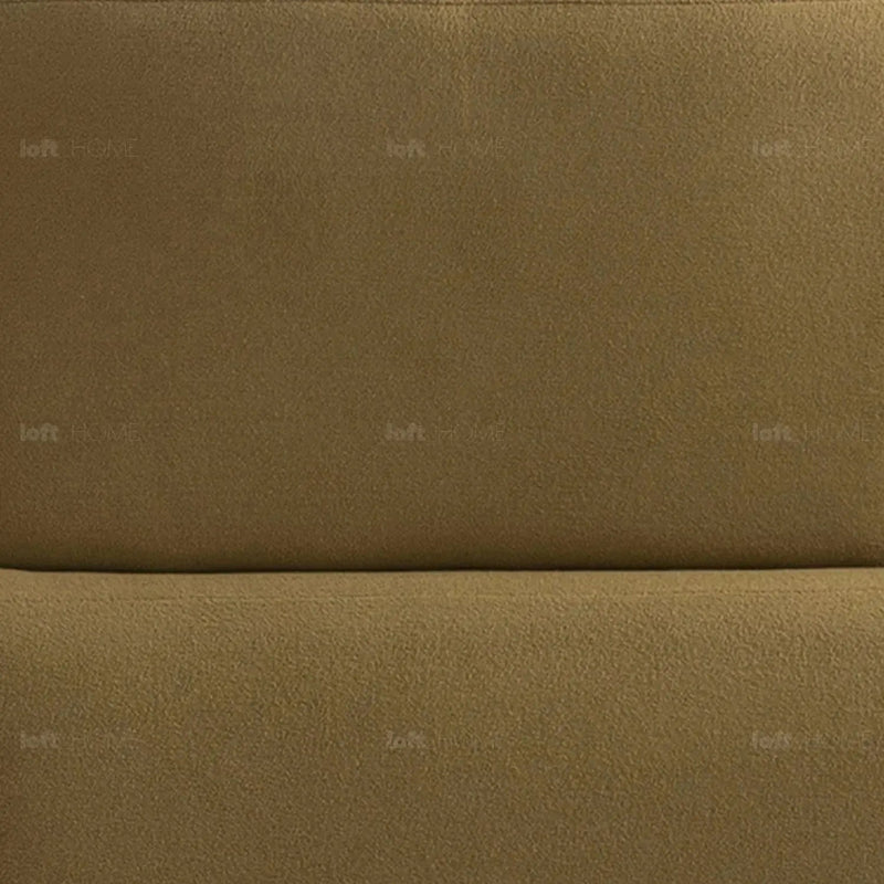Cream sherpa fabric 5 seater sofa arch in panoramic view.