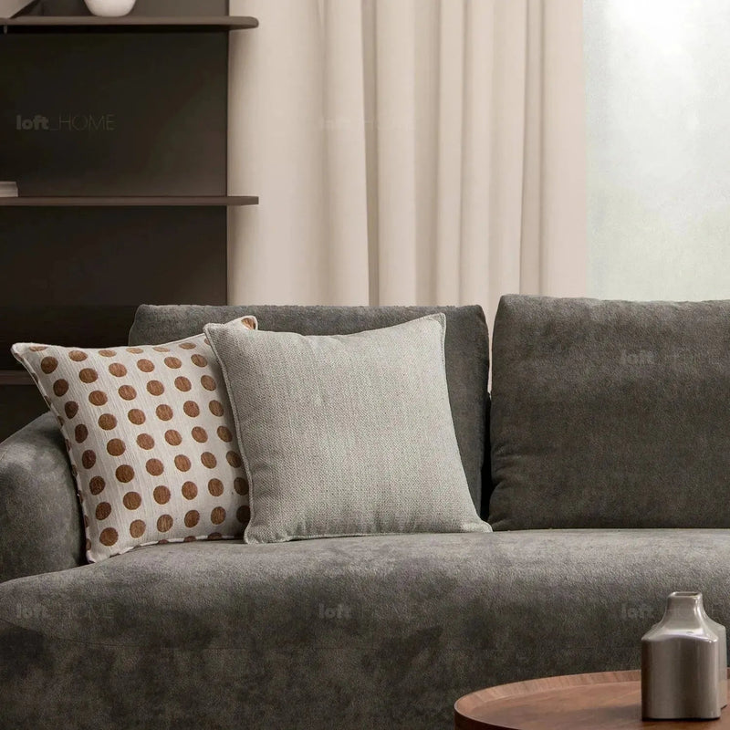 Modern sherpa fabric 5 seater sofa grand in panoramic view.