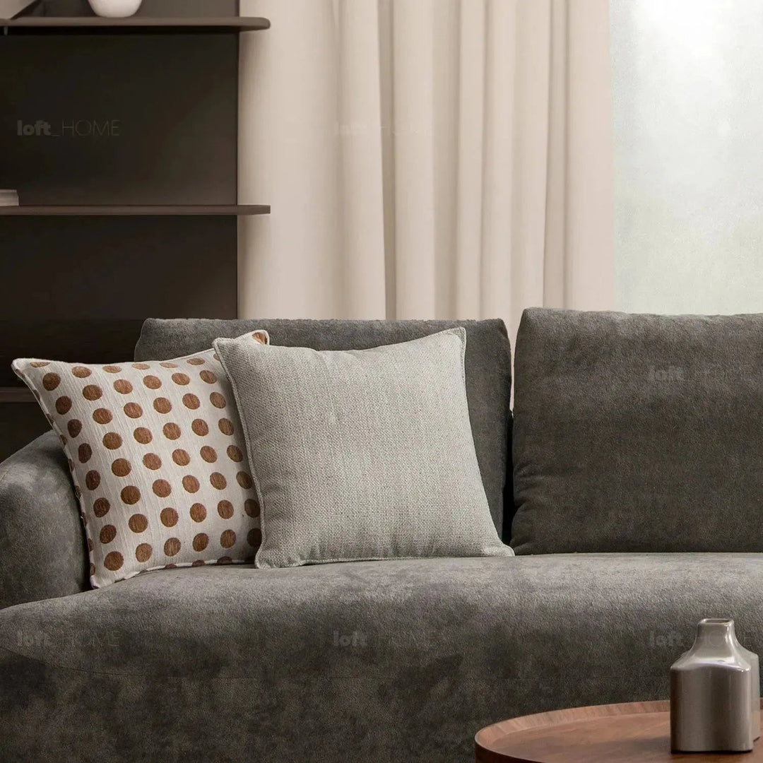 Modern sherpa fabric 5 seater sofa grand in panoramic view.